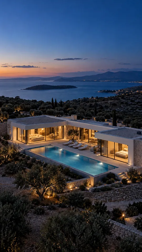 Ένα σύγχρονο σπίτι με πισίνα στο σούρουπο